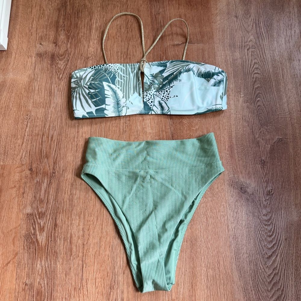 Aerie Tropical Bandeau Bikini Top & Bottom Set Green Palm Print Halter Tie